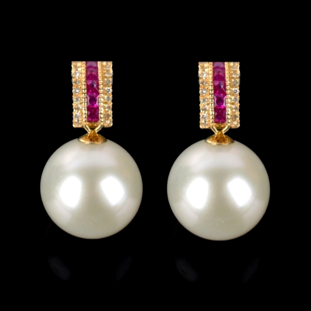 Pearl, Ruby, Diamond, and 18K Earrings